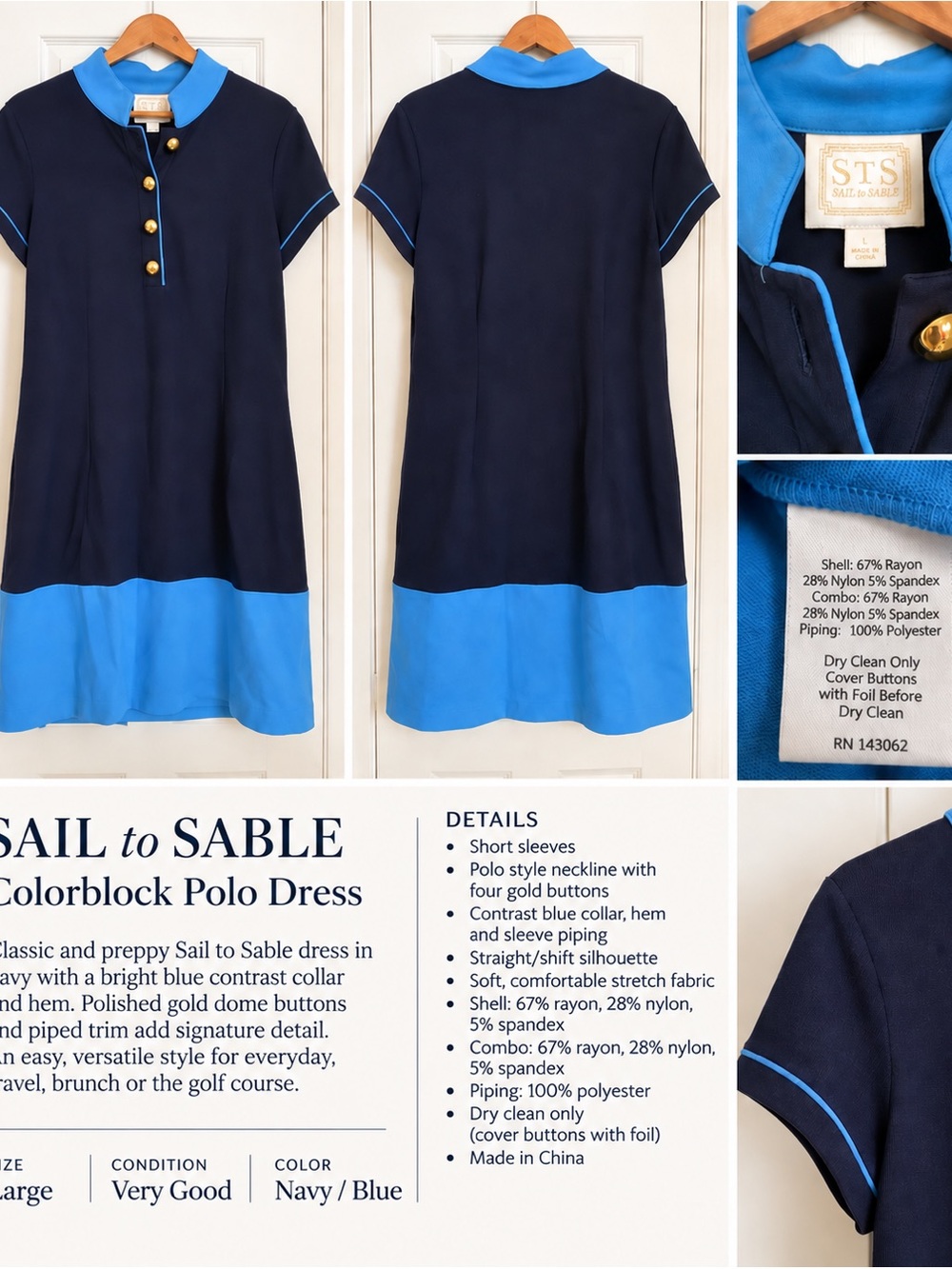 Sail to Sable Navy and Bright Blue Colorblock Polo Dress Women Size Large